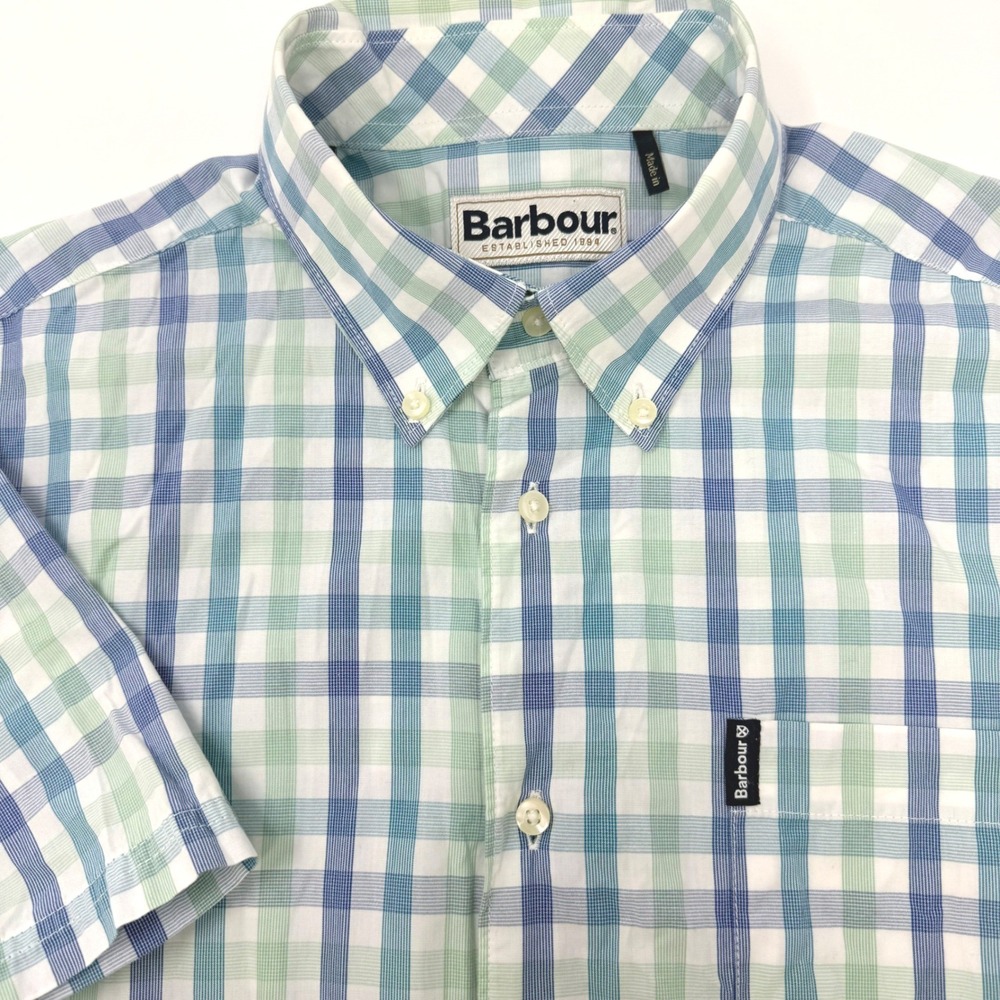 Barbour Tattersall 14 Short Sleeve‎ Tailored Shirt Mens Small Blue Green Plaid